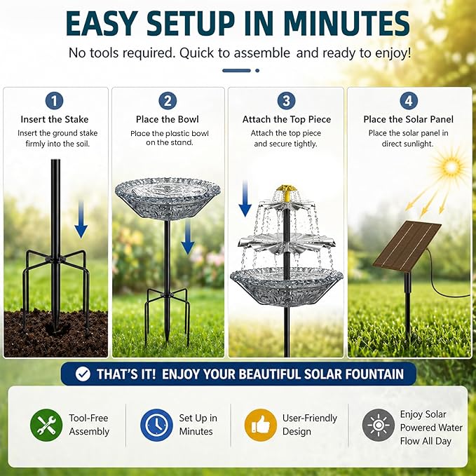 Bird Bath Fountain Solar for Outside, Outdoor Water Fountain Plastic, Attracts Birds with Cascading Spray for Yard & Patio (Gray)