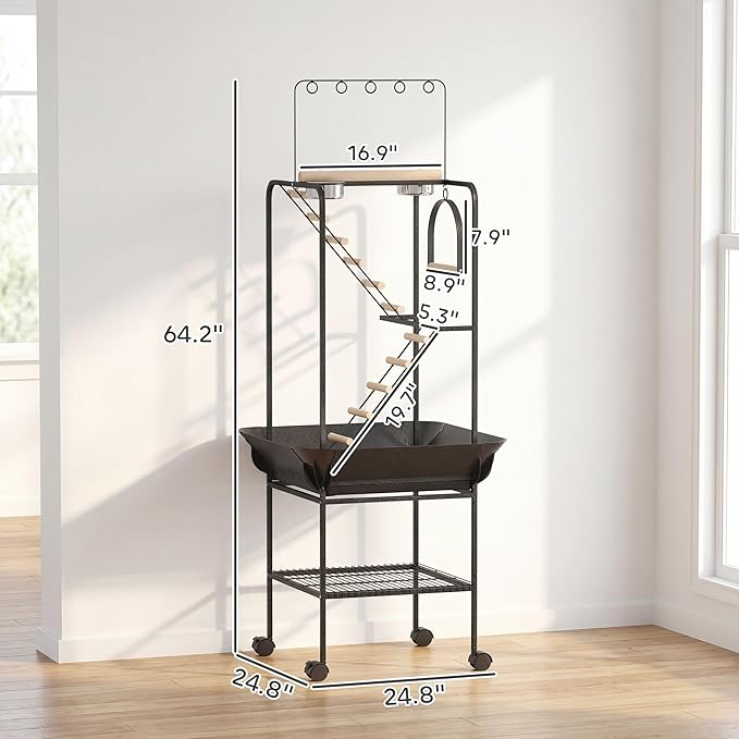 PawHut 64" H Rolling Bird Stand Parrot Playstand with Seed Guard & Wheels, Steel Bird Playground Gym with Ladders, Swing, Toy Hook & Bowls, Large Parrot Perch for Cockatiels, Conures, Parakeets