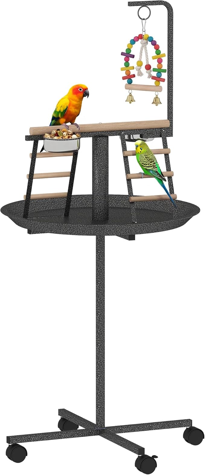 PawHut Bird Stand, Parrot Stand with Wheels, Perch, Stainless Steel Feed Bowls, Round Tray for Indoor Outdoor, Dark Gray