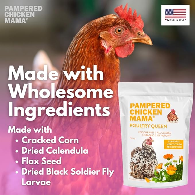 Pampered Chicken Mama Mealworm, Black Soldier Fly Larvae, Corn, Flax, & Herb Treat (10 Pounds) for Backyard Chickens, Healthy Layer Feed & Supplies for Pet Chickens Poultry Queen Treat for Hens
