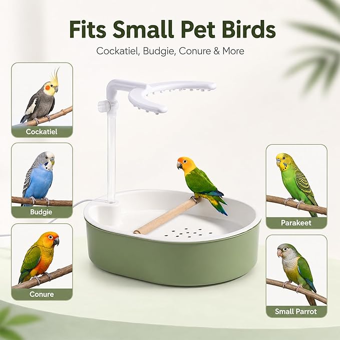 Automatic Bird Bath Shower, USB Pump Adjustable Flow Parrot Parakeet Fountain Wood Perch for Cockatiel Budgie Conure Indoor Cage