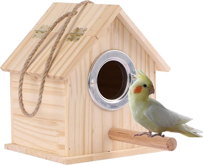 Parakeet Nesting Box, Parrot Wooden House Nesting Box, Bird Breeding Nest Warm Box with Stand Perch, Parrotlets Aviary Cage Budgie Mating Box for Lovebirds, Cockatiel, Budgie, and Small Birds