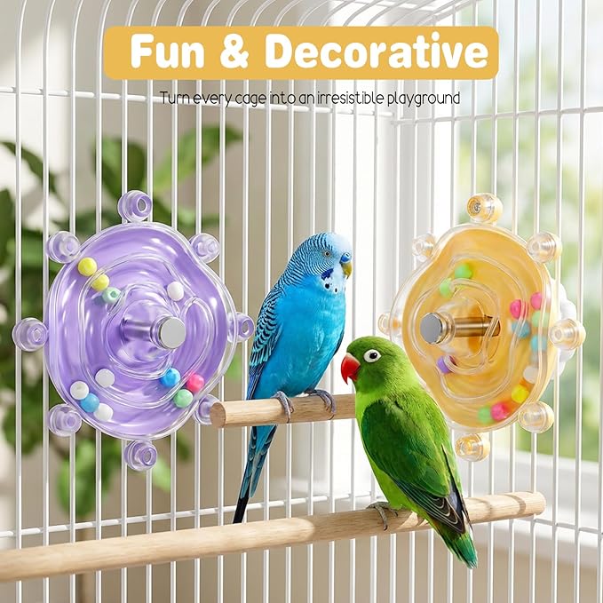 2Pcs Bird Toys for Parakeets, Colorful Parakeet Toys Wheel, Interactive Spinner Rattle Parrot Toy, Cockatiel Toy for Bird Cage, Chewing Exercise for Conure, Budgies Enrichment-Toys