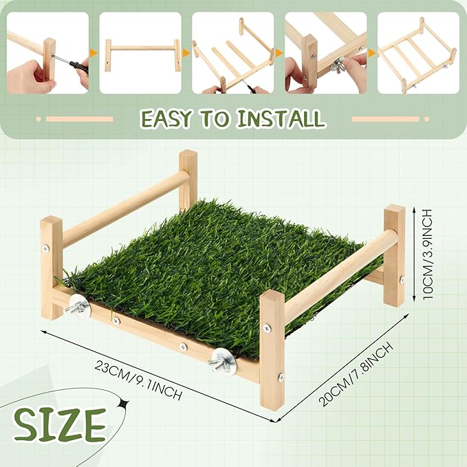 AceOrbit Bird Foraging Bed with Grass Mat 9.06 x 7.87 x 3.94 Inch Parrot Foraging Toy Hammock Bed Wood Frame Easy Install with Hardware Kit for Small Birds Cage Enrichment