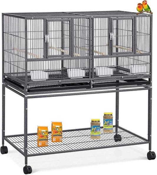 42" Sturdy Wrought Iron Single Stackable Center Divided Side Nesting Box Doors Breeder Breeding Bird Flight Double Rolling Cage for Aviaries Canaries Cockatiels Lovebirds Finches Budgies Small Parrots