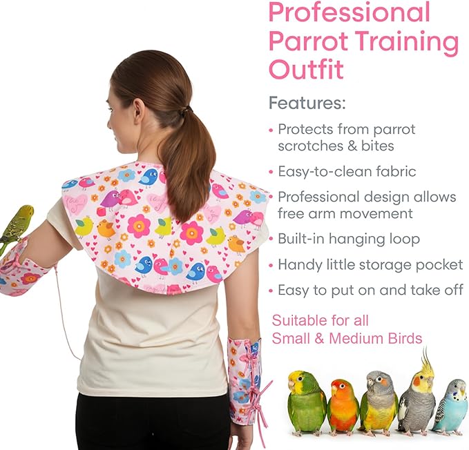 Pink bird parrot cape,parrot training tools kit Poop Guard, with 2 Wrist Straps, Leash, Training Whistle,Treat Box,Washable Bird Accessory for Conure/Cockatiel/African Grey