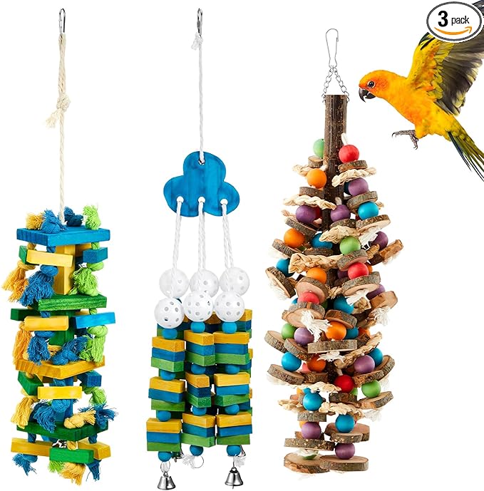 Seenelling 3 Pcs Extra Large Bird Parrot Toy Multicolored Natural Wooden Parrot Cage Chewing Toys for Large Medium Macaws Cockatoos African Grey Birds (Blue Block)