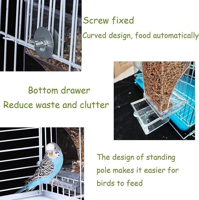 kathson No-Mess Bird Feeder Parrot Integrated Automatic Feeder Seed Food Container Acrylic Finch Foraging Feeders with Perch Cage Accessories for Small Birds Parakeet Canary Cockatiel Lovebirds