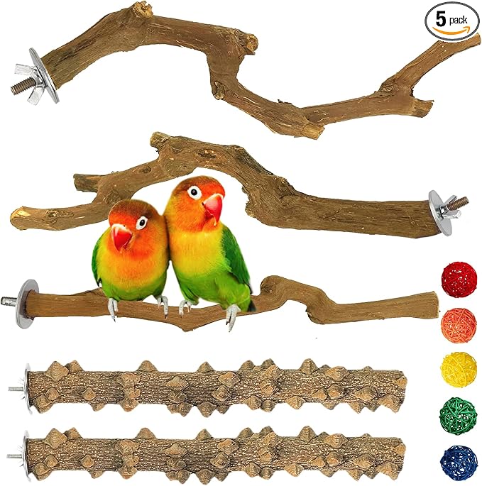 kathson 5pcs Natural Parrot Perch for Cage Wooden Bird Perches Grape Bird Stick Parakeet Climbing Standing Branches Toy Chewable Cage Accessories for Small Budgies Cockatiels Lovebirds Budgies