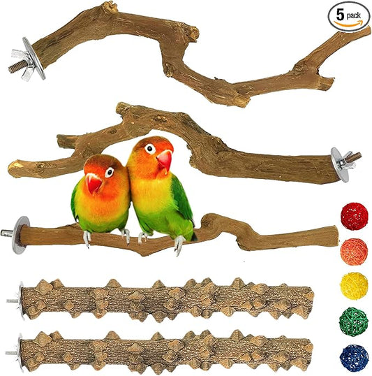 kathson 5pcs Natural Parrot Perch for Cage Wooden Bird Perches Grape Bird Stick Parakeet Climbing Standing Branches Toy Chewable Cage Accessories for Small Budgies Cockatiels Lovebirds Budgies
