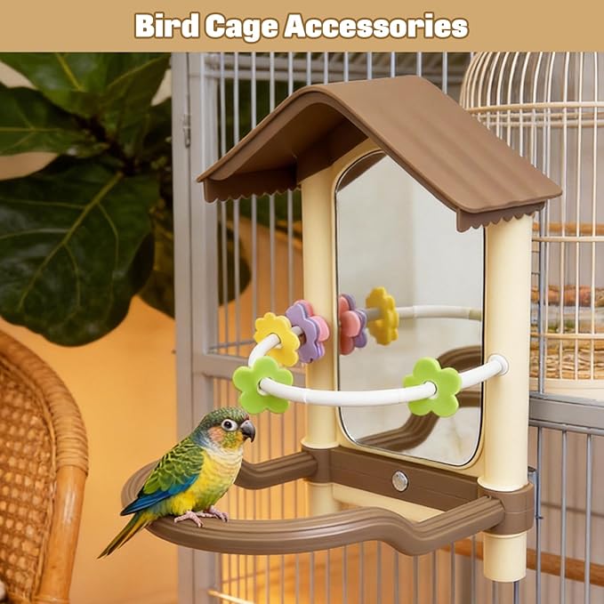 kathson Bird Mirror with Plastic Perch and 5PCS Colorful Rattan Balls Parakeet Hanging Swing with Mirror Interactive Toy Bird Cage Accessories for Cockatiel Parrot Conures Cockatoo Finch(Brown)