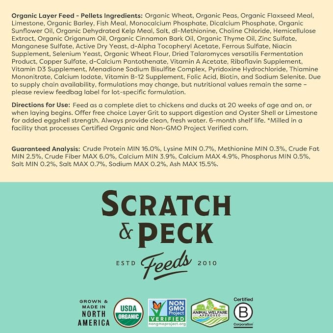 Scratch and Peck Feeds Whole Grain Layer Pellets Chicken and Duck Feed - 25 lbs Bag - Corn-Free and Soy-Free - 16% Protein, Certified Organic and Non-GMO Project Verified Chicken Food