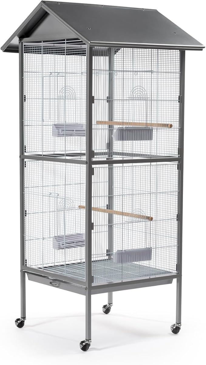 Prevue Pet Products Aviary Large Flight Cage - Powder‑Coated Standing Metal Bird Cage with Wheels, Perches, Feeders & Removable Tray, Ideal for Parakeets, Cockatiels, Canaries & Small Birds - Grey
