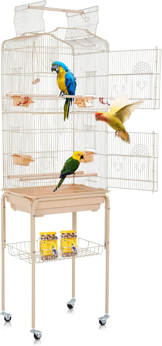 Bird Cages for Parakeets Cockatiels Lovebirds Macaw Conure, Large 64 Inch Open Top Parakeet Cage with Stand & Storage Shelf, White Wrought Iron Flight, Almond