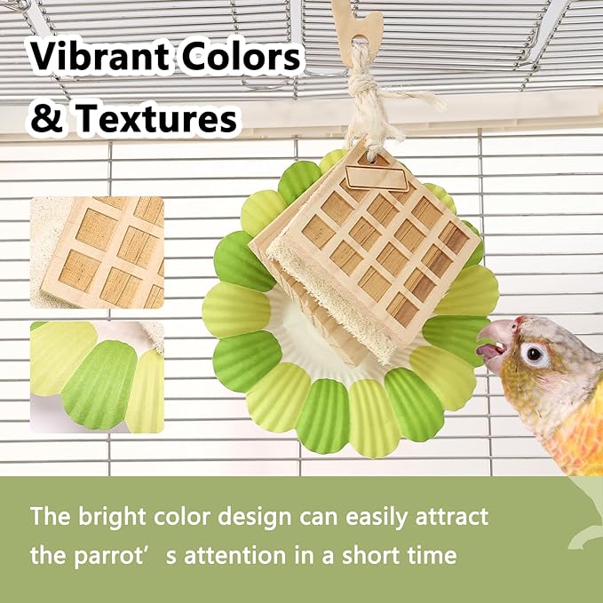 Parrot Chew Toys Set - Natural Wood & Loofah Toys with Plant-Based Dyes, 3 Pack Bird Chew Toys for Cockatiels, Conures & Small Parrots for Cage Enrichment (3 Pieces of Green Series)