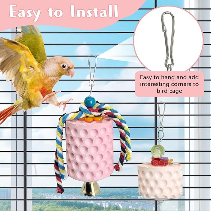 PINVNBY Bird Beak Grinding Stone 2Pcs Bird Chewing Toys Lava Calcium Block with Bell Hanging Parrot Chewing Toy Cage Accessories for Parakeets Conures Cockatiels Budgies Lovebirds