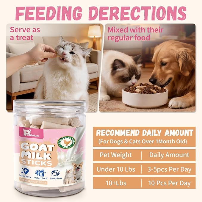 Freeze Dried Goat Milk & Chicken Dog Treats, 70% Goat Milk Yogurt Sticks for Dogs & Cats, High Protein Grain-Free Snack & Food Topper for Sensitive Stomachs, Immune Support with Vitamin E 2.8oz
