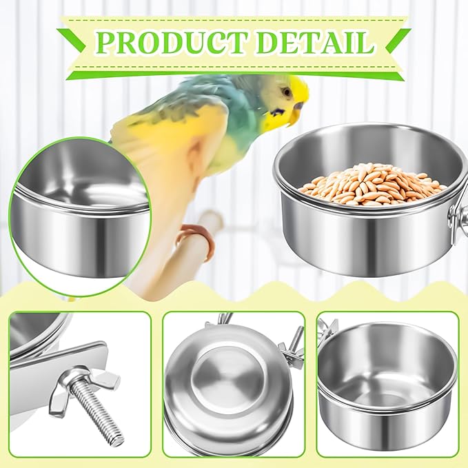 2 Pack Bird Feeding Bowls Cups Parrot Food Water Dishes, Stainless Steel Bird Bowl Cup Dish with Clamp, Birdcage Feeder Pet Cage Bowls for Parrot Cockatiel Budgie Conure Parakeet Small Animal