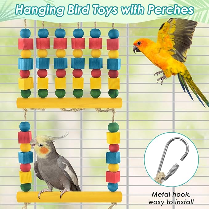 DBNESS Bird Toys, Parrot Chew Swing Toy with Perches Stand, Hanging Colorful Wood Block Bird Cage Accessories for Small to Medium Quaker African Grey Budgie Cockatiels Amazon Parrots