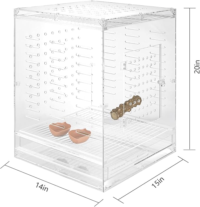 Clear Acrylic Bird Cage for Small Birds, Transparent Display Habitat for Canary, Parakeet - Easy to Clean & Assemble (14x15x20in)