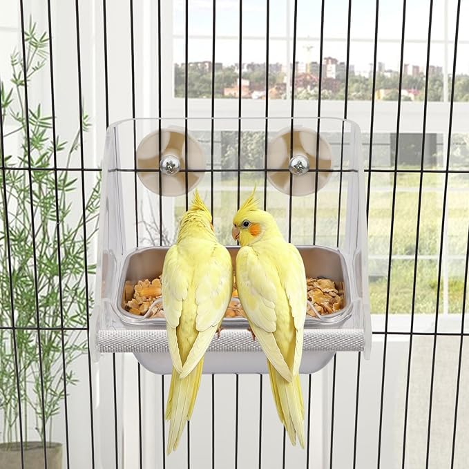 Hypeety Transparent Bird Feeder No Mess Parakeet Feeder for Cage Clear Bird Cage Feeders with Anti-Slip Perch Stainless Steel Food Bowl for Parakeets Parrots Budgies Lovebirds Cockatiels Conures