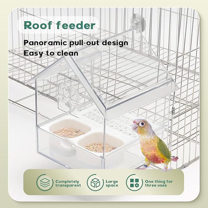 Pull-Out External Parrot Feeder & Bird Bath for Cage - Transparent Easy-Fill Feeder House, Convenient Feeding & Watching for Parrots, Finches, Hummingbirds and Small Birds