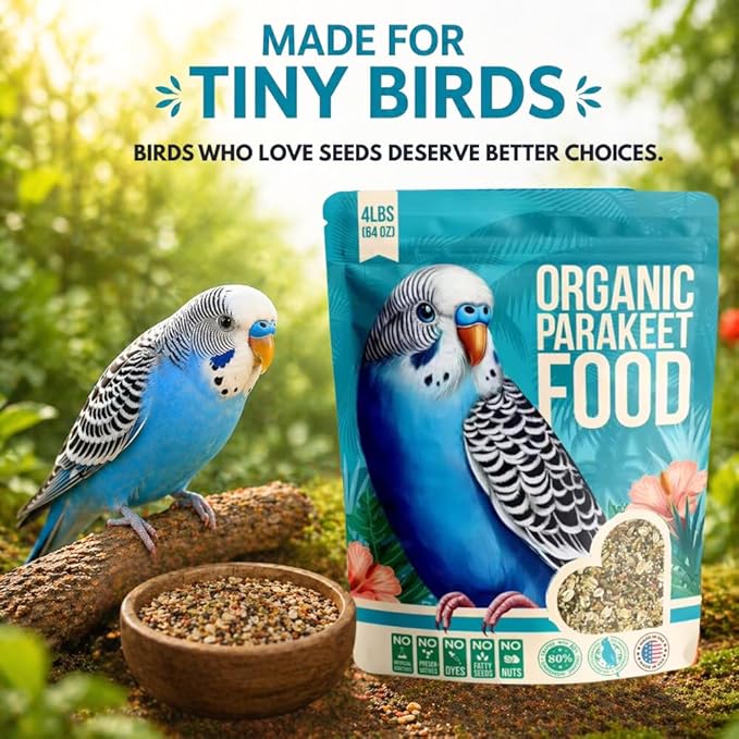 Organic Parakeet Food - No Fillers, Fatty Seeds, or Dyes - Budgies, Lovebirds & Parrotlets - Premium Human Grade Seed Mix, Grain & Wholesome Veggies – Made in USA (4 lbs)