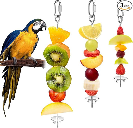 Nogeqi 3PCS Bird Cage Food Holder with Hook, Stainless Steel Bird Feeder for Cage, Parrot Fruit Skewers, Birds Foraging Toys for Macaw Parakeet Parrot Budgie (3 Sizes)