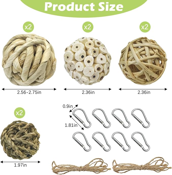 BNOSDM 8PCS Sola Balls Shred Toy Natural Bird Chew Toys Lightweight Conure Foot Toy Interactive Parrot Foraging Toys Bird Chew Balls with Hemp Rope Hook for Budgies Cockatiels Parakeets Senegal
