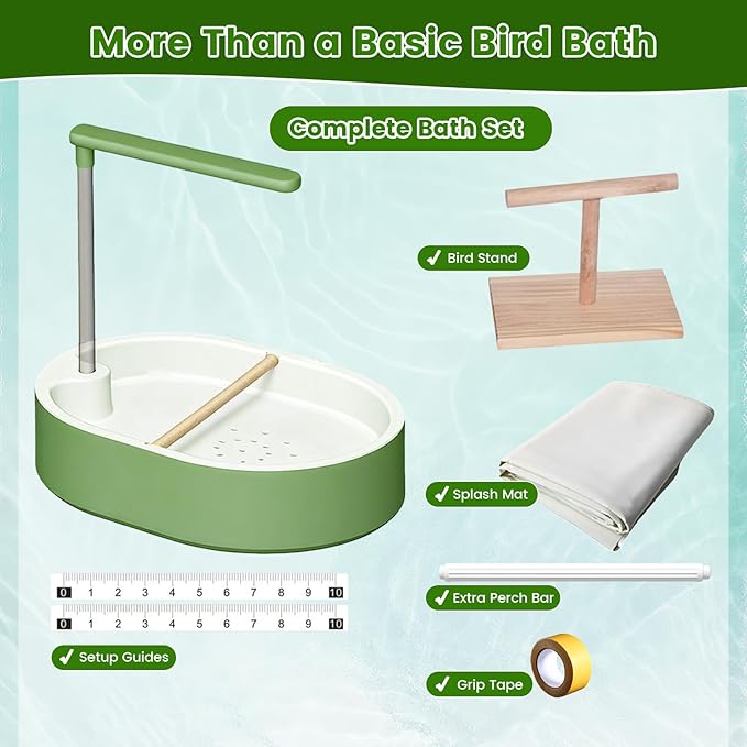 Bird Shower Bath Set for Budgies, Cockatiels & Small Parrots, Indoor Bird Bath Shower with Waterproof Splash Mat, Bird Perch Stand and Bath Accessories