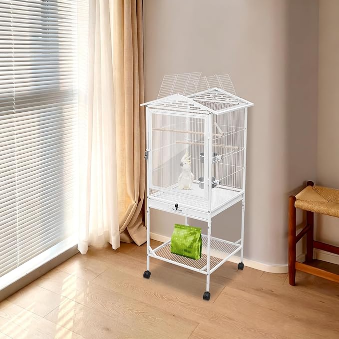 Large Bird Cage, Movable Pet Bird Flight Cage with Wheels(2 Brakes) Openable Top, Pull-Out Tray, Feeder Bowl, Panorama Bird Aviary 18x18x53.5in for Cockatiel Budgerigar Lovebird(White Style3)