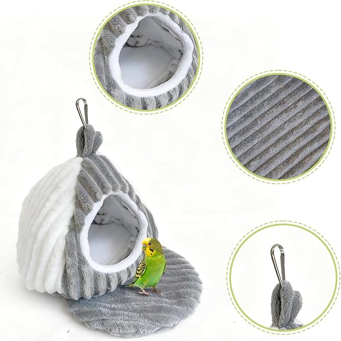 Bird Hanging Hammock Nest Parrot with Soft Plush Hanging Hammock & Hut Tent for Cage Winter Bird Hideaway Hut for Cockatiels Budgies Parakeets Lovebirds Conures Hamsters (Grayish White S)
