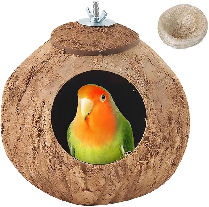 Coconut Bird Nest for Cage Natural Coconut Shell Birds House Parakeet Small Coconut Hide Breeding Hut Bird Cage Accessories for Parrot Lovebirds Budgies Cockatiel Conure Finch Canary