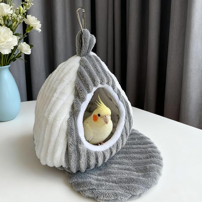 Bird Hanging Hammock Nest Parrot with Soft Plush Hanging Hammock & Hut Tent for Cage Winter Bird Hideaway Hut for Cockatiels Budgies Parakeets Lovebirds Conures Hamsters (Grayish White M)