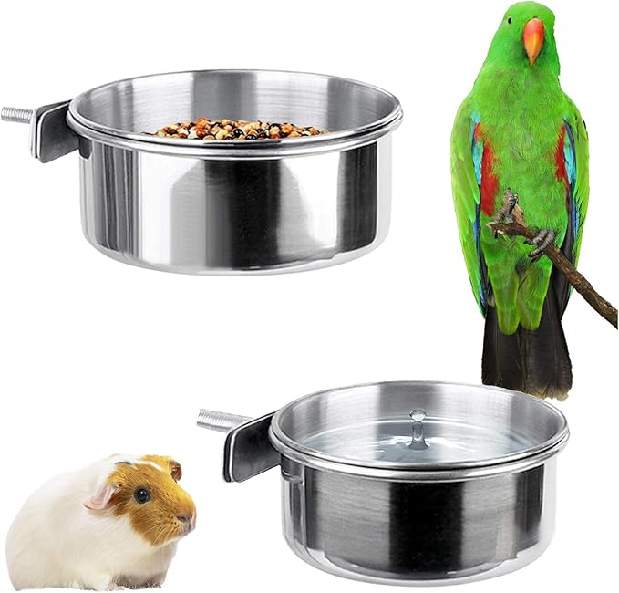 2 Sizes Bird Feeding Dish Cups Stainless Steel Parrot Food Bowls Water Feeder with Clamp Holder for Caged Animals (B Set)