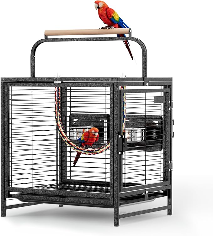 VINGLI Small Bird Cage, 25 inch Travel Carrier Bird Cage with Handle, Wrought Iron Parakeet Cage with Wooden Perch for Parrot Lovebirds Finches Small/Medium Birds (Hammertone Black)