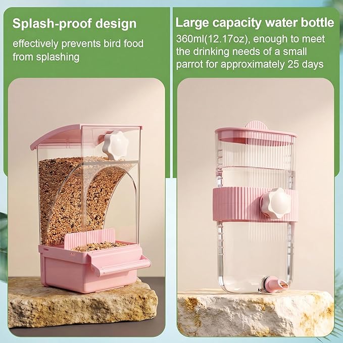 Novabright No Mess Bird Feeder Water Dispenser Set, Automatic Transparent Bird Food Container and 12 oz Automatic Water Feeder for Small Birds Parrot, Cockatoo, Canary, Cage, Lovebird, Budgies (Pink)