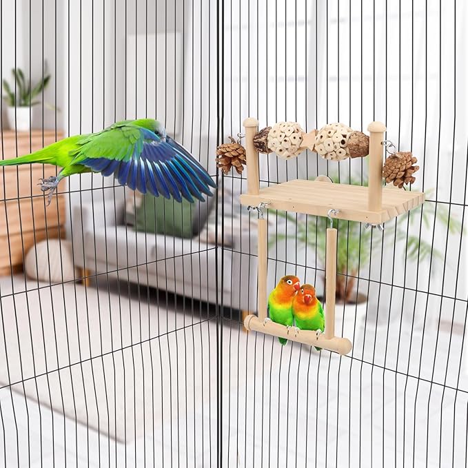 Litewoo Bird Perch Wooden Platform Bird Swing Chew Toys Play Gyms Exercise Stands Hanging Parrot Swinging Perches Conure Cage Accessories for Parrot Parakeet Conure Lovebirds Budgie (Two Sola Balls)
