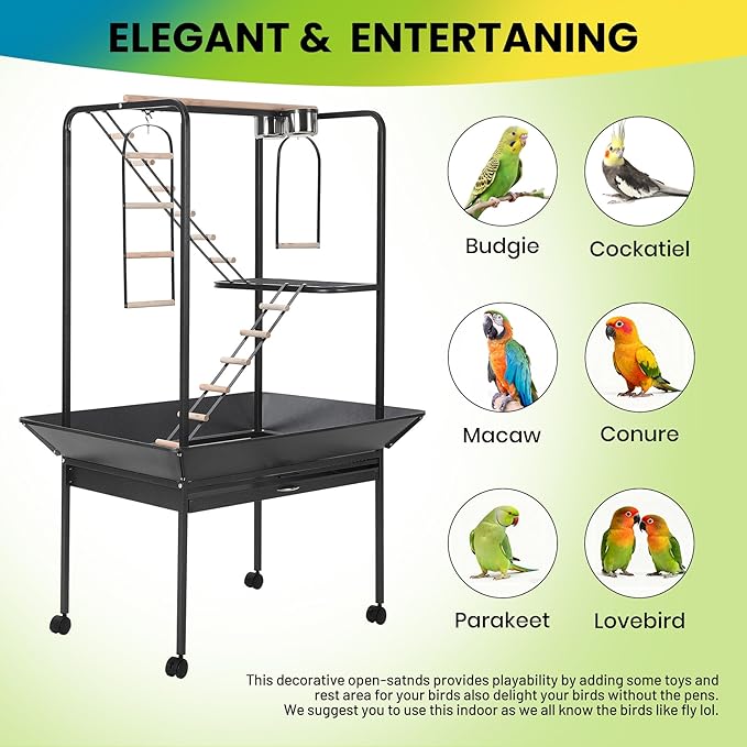Pet Products Parrot Playstand with Wheels, Bird Cage Stand Activity Play Center with Perches and Ladders, Indoor Outdoor Playground for Birds, Black Hammertone Finish