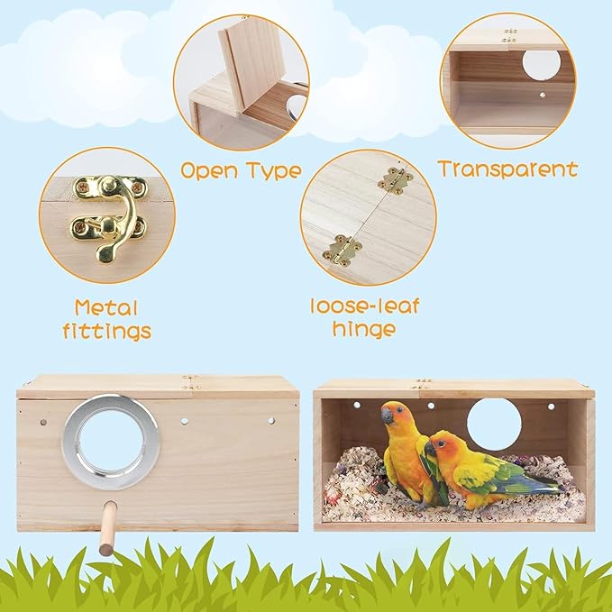 Natural Wood Nesting Box for Parakeet Birds Transparent Design Breeding Box with Perch Wood Bird Cage House for Cockatiel Lovebirds Budgie Finch Parrotlets Canary (Medium)