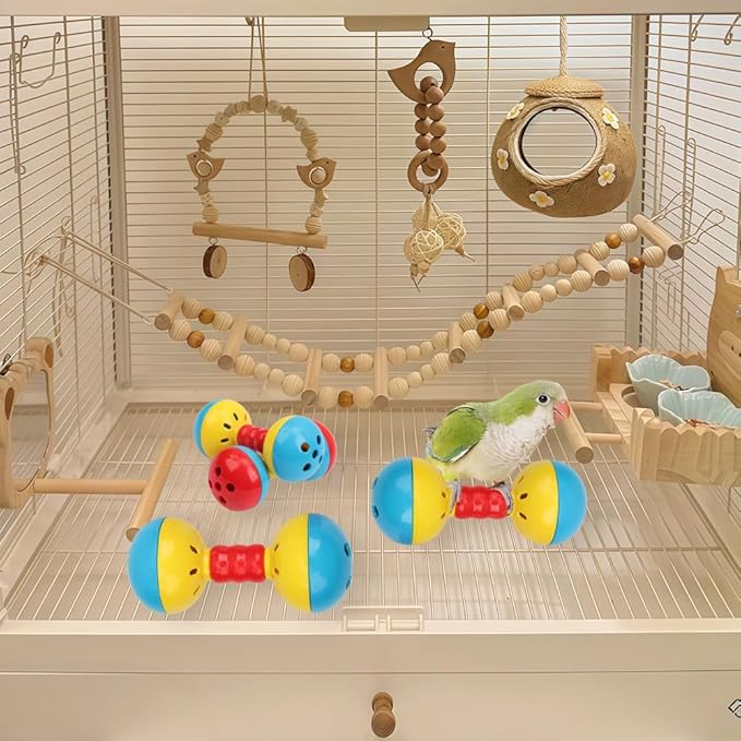 DQITJ 4 Pcs Bird Barbell Dumbell Foot Toy Bird Rattles Bells Enrichment Playing Accessories for Small Bird Parrot Finch Parakeet Cockatiel Conure