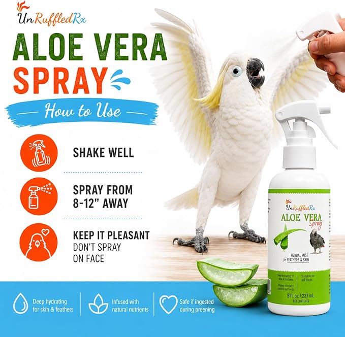 UnRuffledRx Aloe Vera Bird Spray for Parrots 2-Pack | Gentle Daily Support for Itchy Skin, Scratching, Dry Feathers & Feather Comfort | Fragrance Free & Safe if Preened | 8 oz Bottles