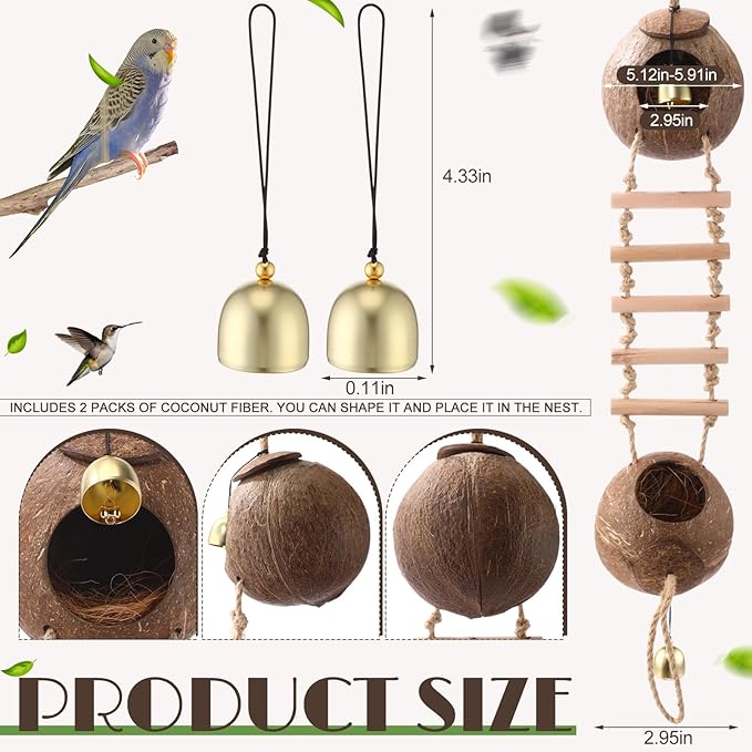Briwooody Coconut Shell Bird Nest House Breeding Bed Nestingand Anti-pecking Bite with Natural Coir Fiber Bird Nest Toy Bell for Parrot Budgie Parakeet Cockatiel Conure Lovebird Canary Finch (Stylish)