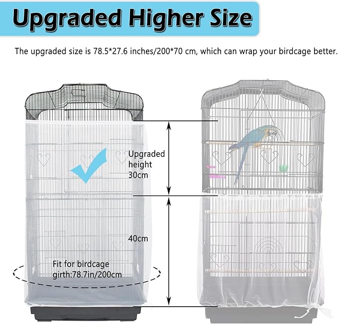 ASOCEA Large Bird Cage Seed Cather,Bird Cage Cover Adjustable Soft Airy Skirt Guard Birdcage Nylon Mesh Net for Parrot Parakeet Macaw African Round Square Cages Cover (78.5 * 27.6in-White)