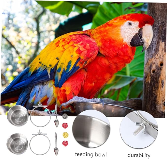 Mipcase 8Pcs Parrot Feeding Bowl and Scoop Set with Stainless Steel Bowls and Natural Willow Branch Bite Chinlon for Bird Cage Feeding and Foraging Activity