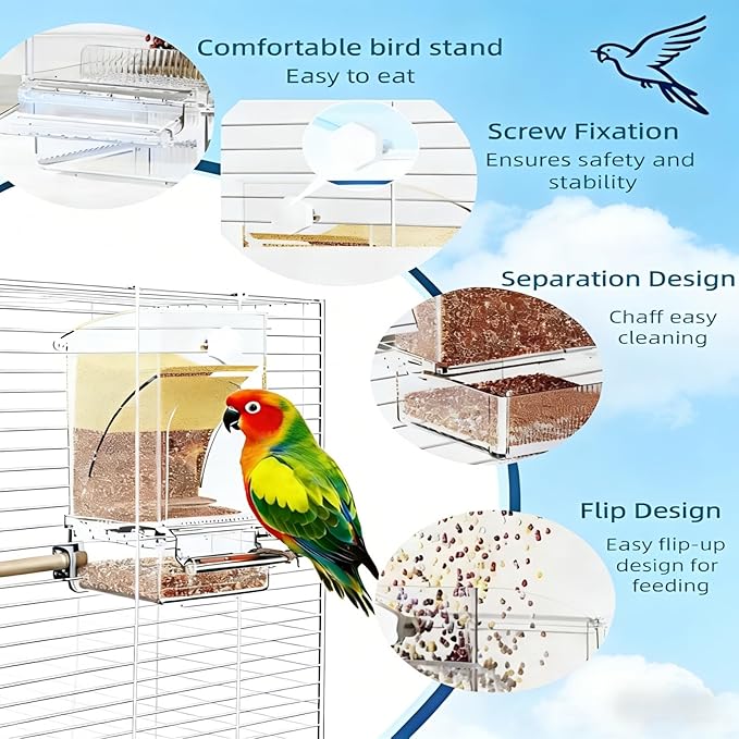 Automatic No Mess Bird Feeder and Water Dispenser Set, Acrylic Food Container and Drinker Bowl for Parrot Cage, Easy Clean Accessories for Parakeets Cockatiels Lovebirds and Other Small Pets