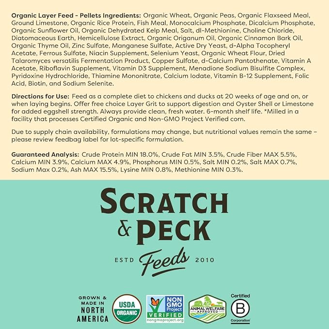 Scratch and Peck Feeds Whole Grain Layer Pellets Chicken and Duck Feed - 25 lbs Bag - Corn-Free and Soy-Free - 18% Protein, Certified Organic and Non-GMO Project Verified