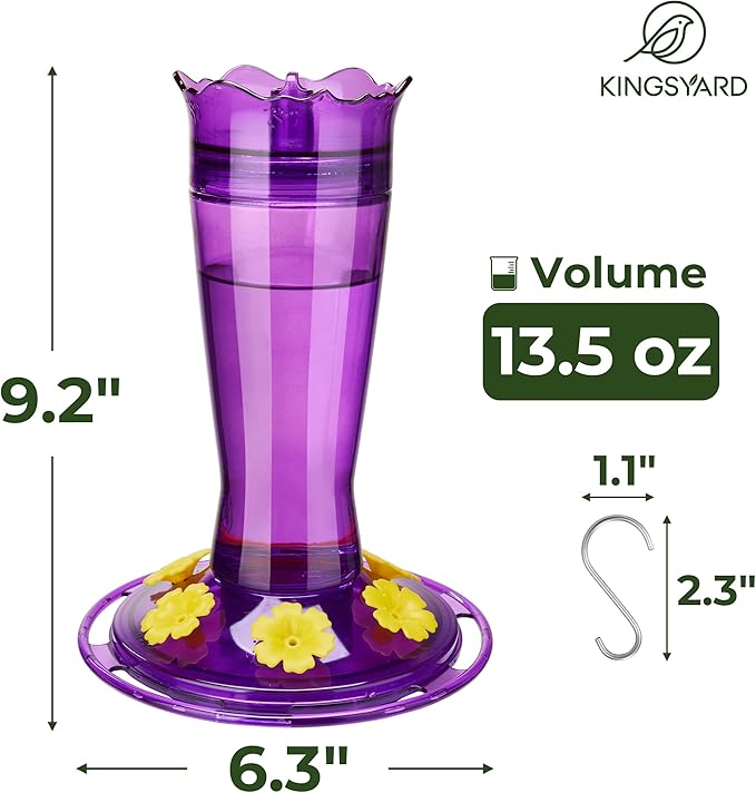 Kingsyard Glass Hummingbird Feeder for Outdoors Hanging, 14 oz Leak-Proof Humming Bird Feeders with Ant Moat & Bee Proof Feeding Ports, Hummingbird Gift for Bird Lovers (Purple)