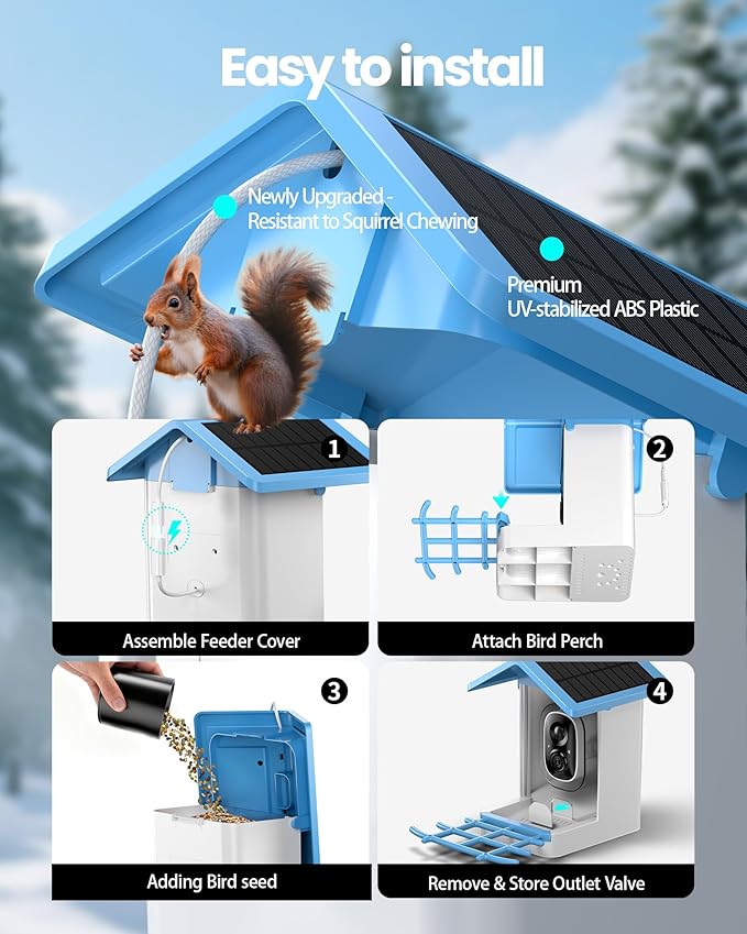 isYoung Smart Bird Feeder with Camera, 2.5K QHD Resolution, AI Identify 16000+ Birds, AI Auto-Capture & Motion Detection, IP65 Water-Resistant, 5W Solar Powered, Best Gift for Bird Lovers（Blue）