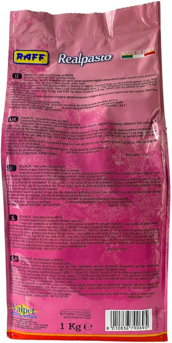 RAFF Realpasto Natural Bird Food 1kg - Premium Nutrition with Fruits Compound for Worm-eating and Indian Blackbirds, Formulated to Stimulate Singing & Support Vibrant Plumage Color